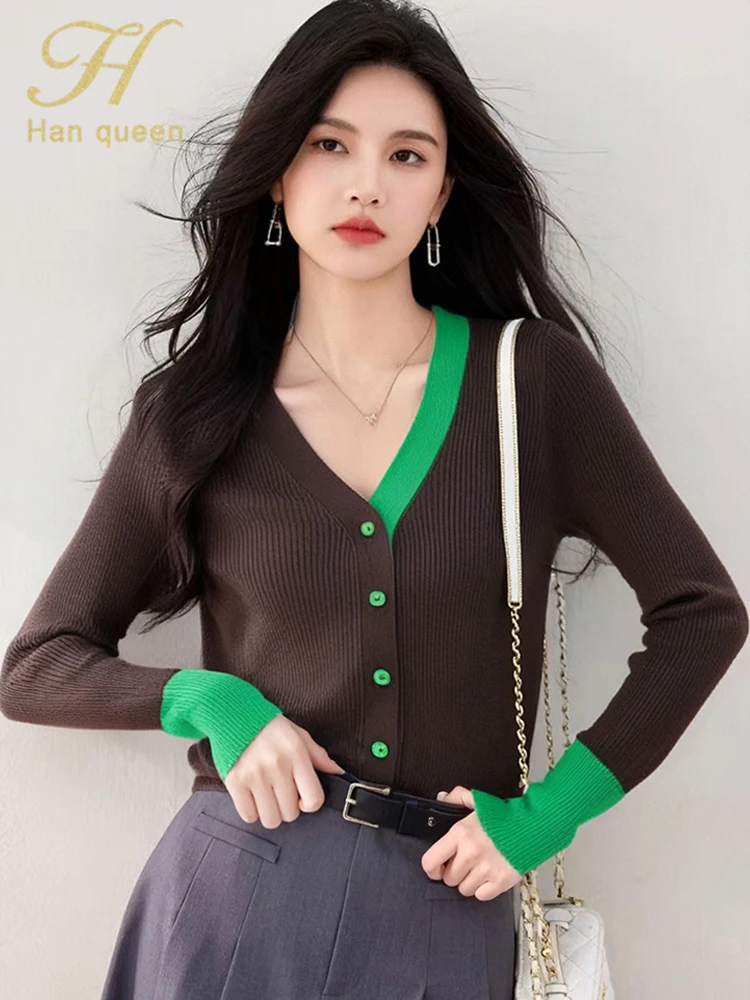 

H Han Queen Autumn Winter Korean Color Blocking Knitted Cardigan Sweater For Women V-Neck Casual Basic Long Sleeve Vintage Tops