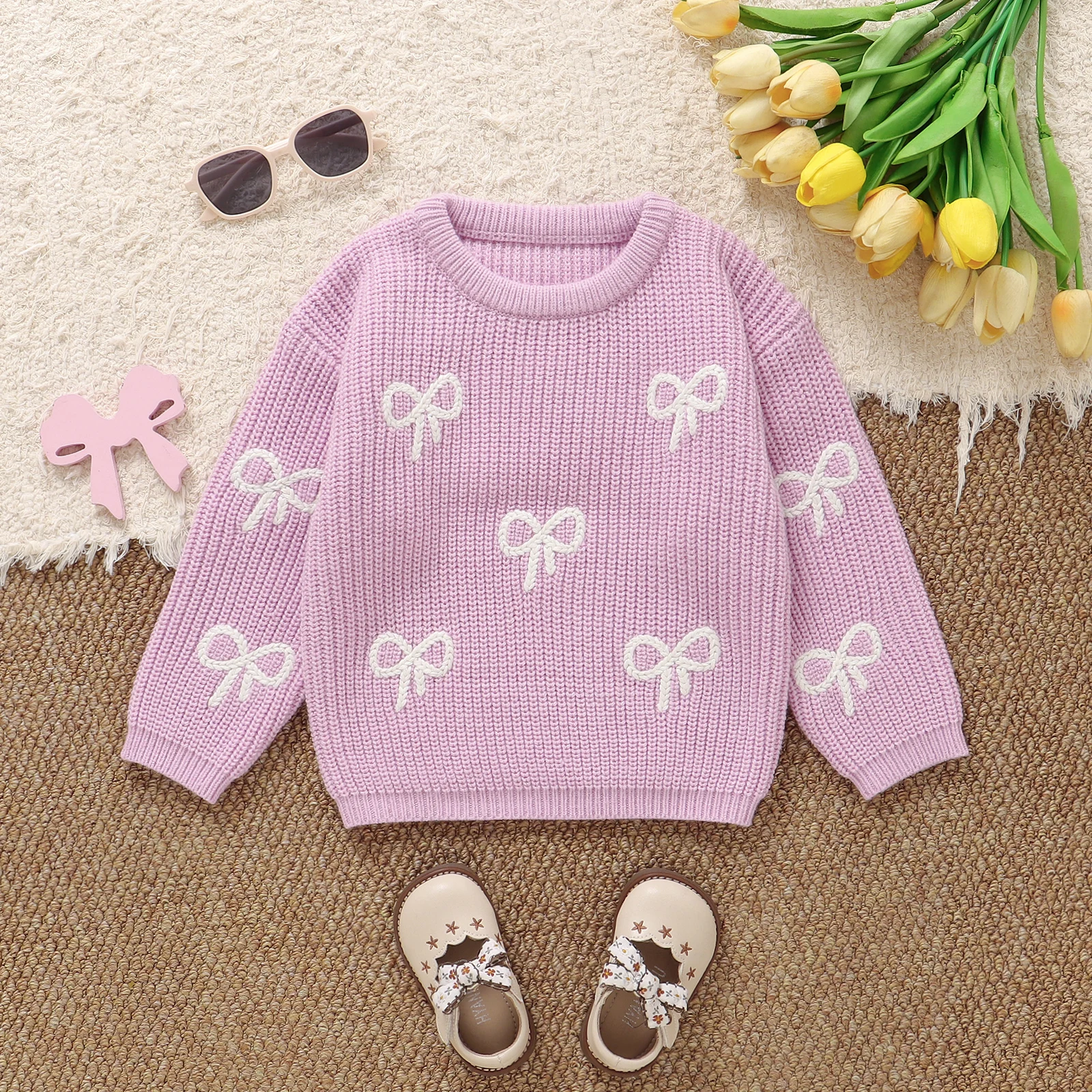 

Мягкий вязаный свитер с вышивкой в виде банта для маленьких девочек, топ с круглым вырезом и длинными рукавами