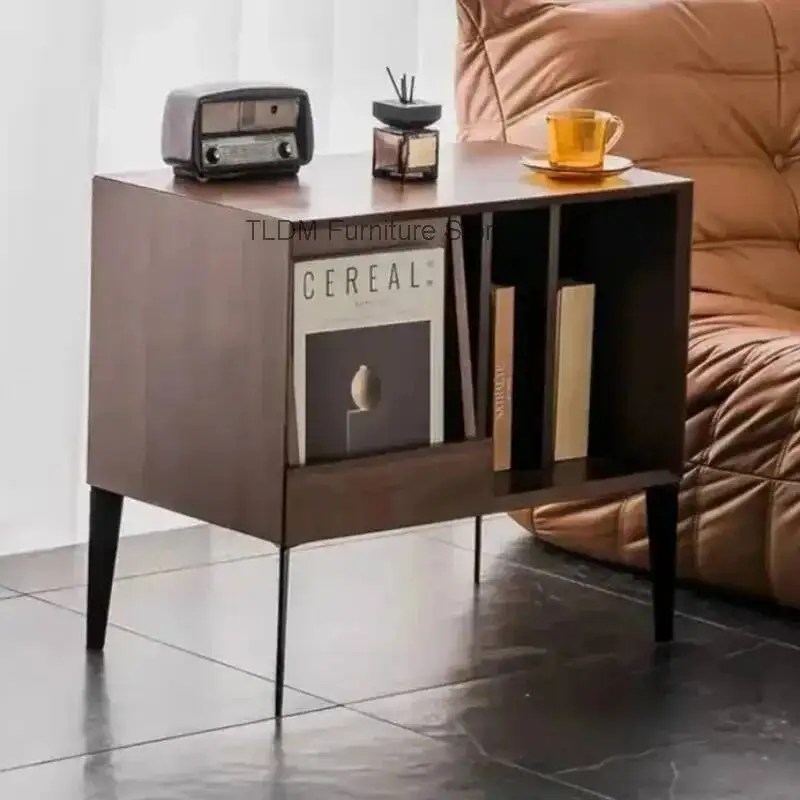 Modern Minimalist Side Table with Magazine Rack Open Storage Compartments End Table with Metal Legs for Living Room Bedroom
