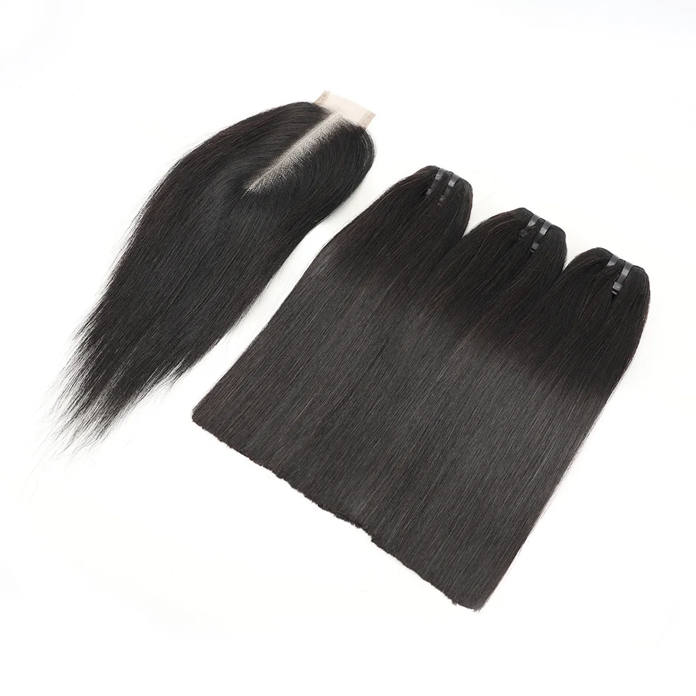 Cabello humano liso de hueso para mujer, extensiones de cabello vietnamita con cierre de encaje de 2x6, 3 mechones