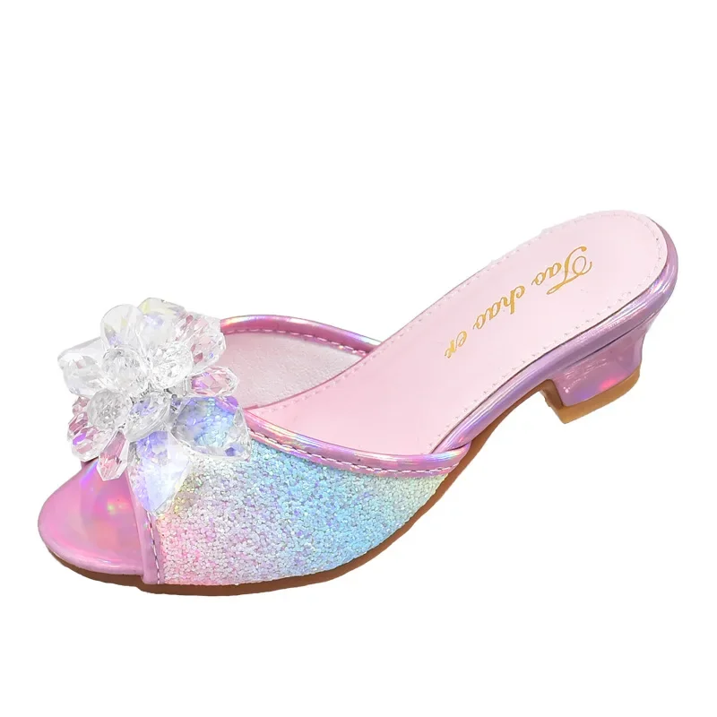 

Children's Peel Toe Slippers High Heel Sequin Crystal Flower Decoration shoe Kids Girls New Fashion Cute Non Slip Shoes Slippers
