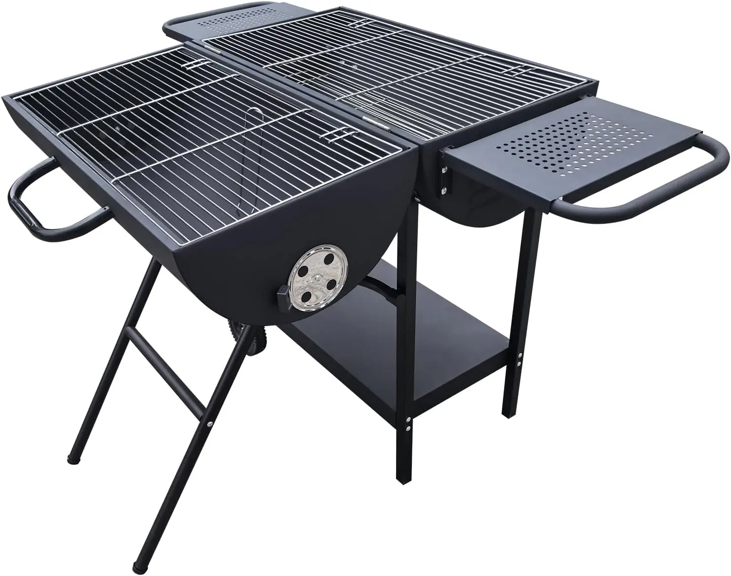 

Double Charcoal Barrel Grill with Side Shelf, Large Portable BBQ for Camping, Backyard, Patio