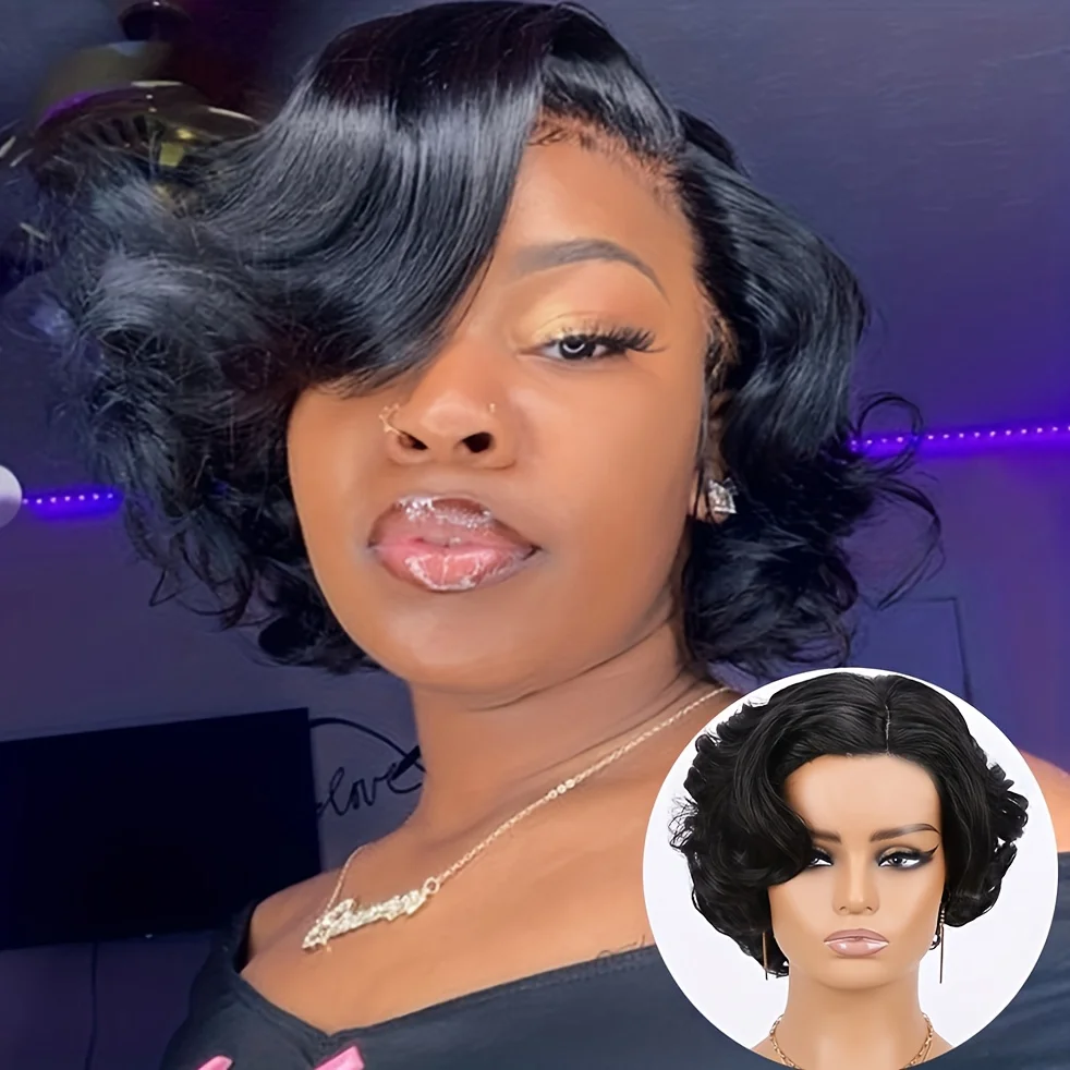 Women's Artificial Black Wig: Short Asymmetrical Curly Bob with Pre-Cut Style