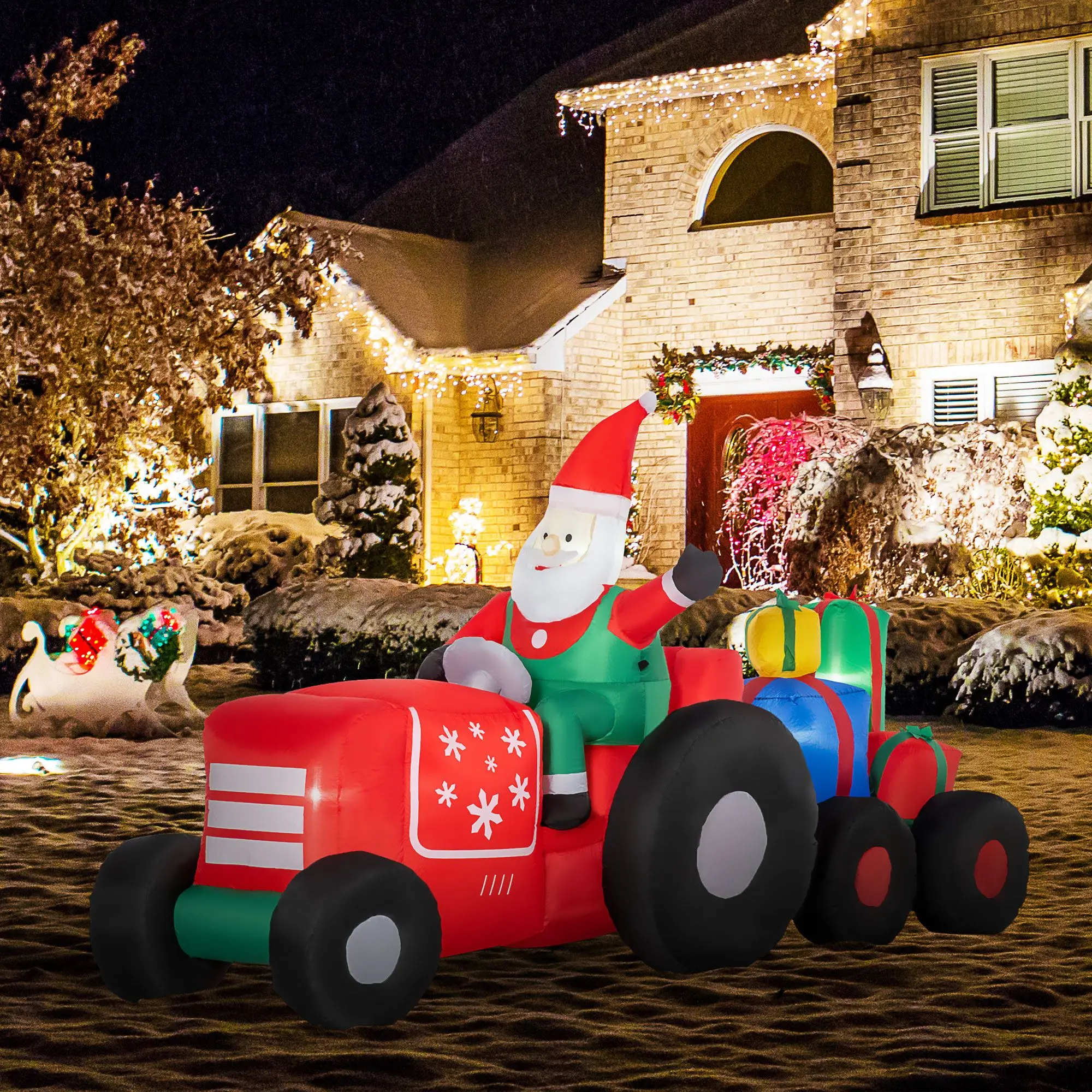 9ft Christmas Inflatables Outdoor Decorations Santa Claus Driving Trailer with Colorful Gift Boxes, Blow-Up LED Yard Decor for