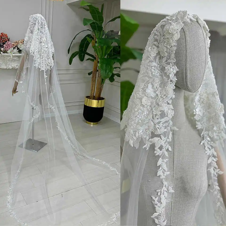 

Graceful Sequins Bridal Veils Lace Appliques Long Chapel Length Veils Customized One Layer Wedding Accessories