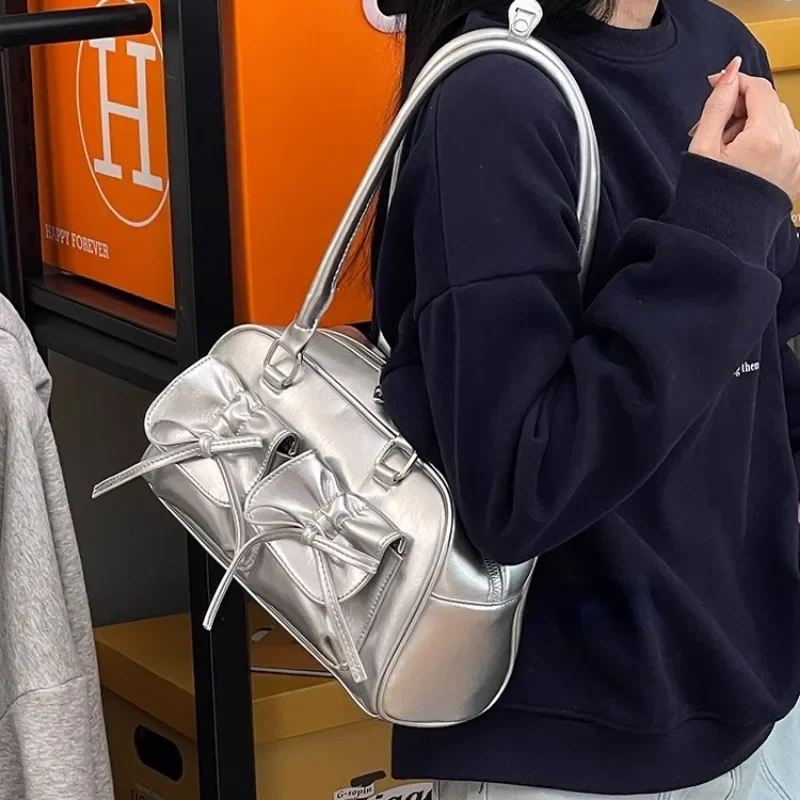 Xiuya Silber Plissee Damen Umhängetasche Elegante Sanfte Koreanische Mode Leder Handtasche Schleife Süße Neue Einfache Damen Boston Tasche