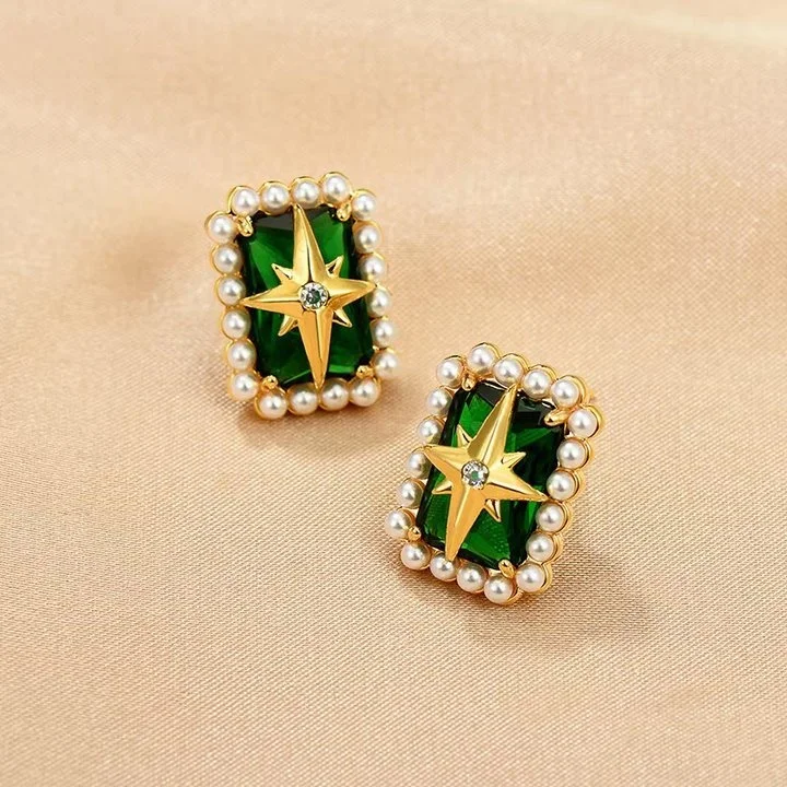 

Vintage Emerald Baby Pearl Geometric Ear Stud Hexagram Star Silver Earring Waterproof Cushion Jewelry For Women Ins Accessories