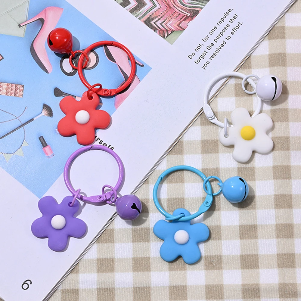 Korean Fashion Small Candy Flower Keychain for Women Girl Bell Key Ring Car Key Chain Bag Charms Pendant Party Jewelry Wholesale