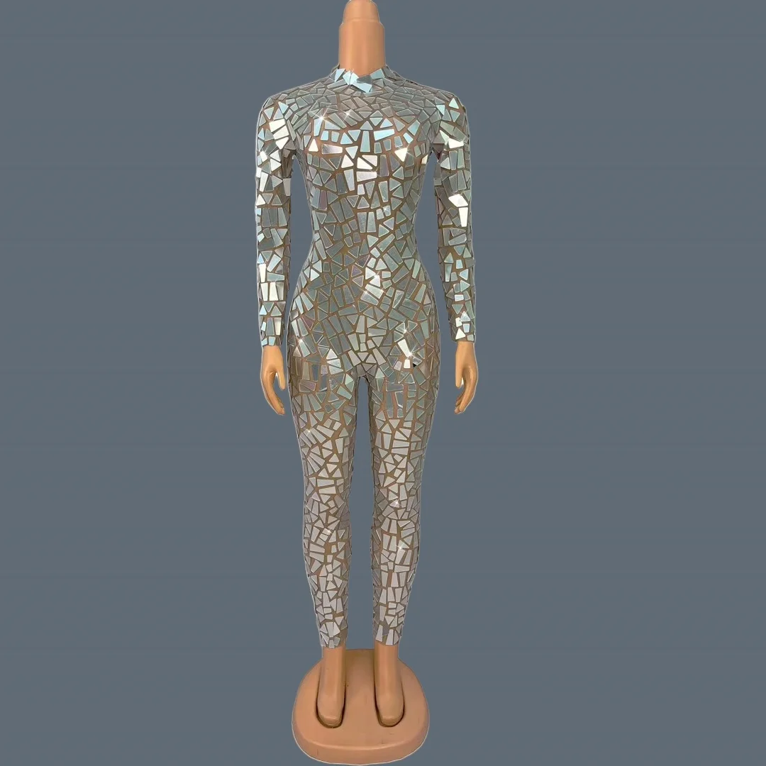 Sparkly Silver Sequins Mirrors Jumpsuit Sexy Women Night Party Stage Performance Wear High-end Tight Fitting Jumpsuit Jingpianku