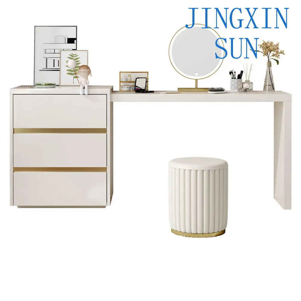 Modern Simple Wooden Dressing Table Set LED Light Mirror Bedroom Makeup Vanity for Hotel Apartment Use Panel Assembled Storage