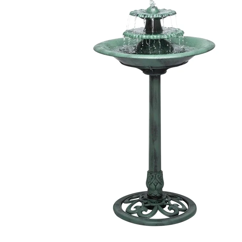 TEC106 Outdoor Floor 3-Tiered Pedestal Water Fountain and Birdbath, Pedestal Waterfall Fountain, Green