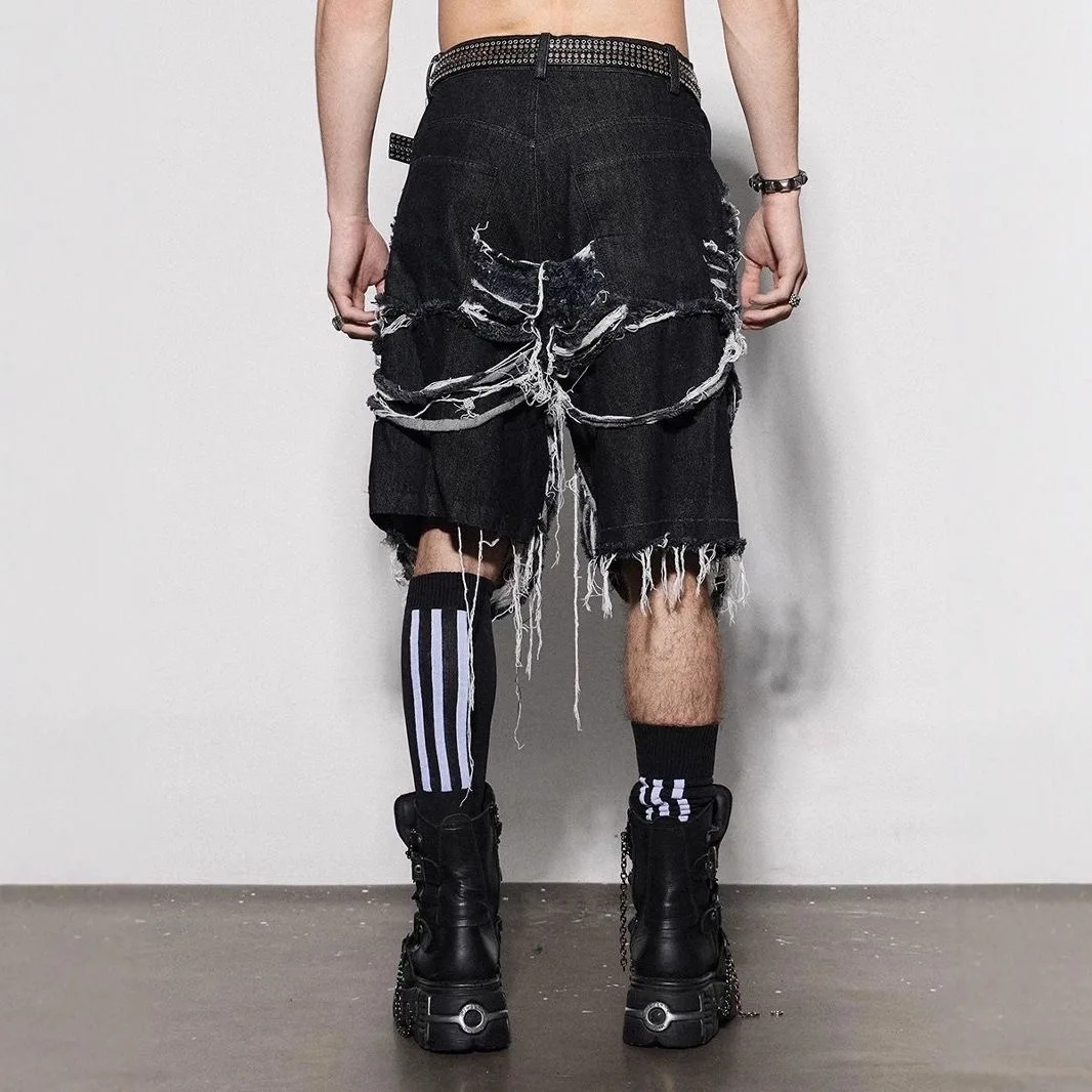 Men Unisex Distress Vintage Beggar‌ Worn-out Shorts Male High Street Ins Chic Knee Length Shorts Trendy Punk Gothic Denim Shorts