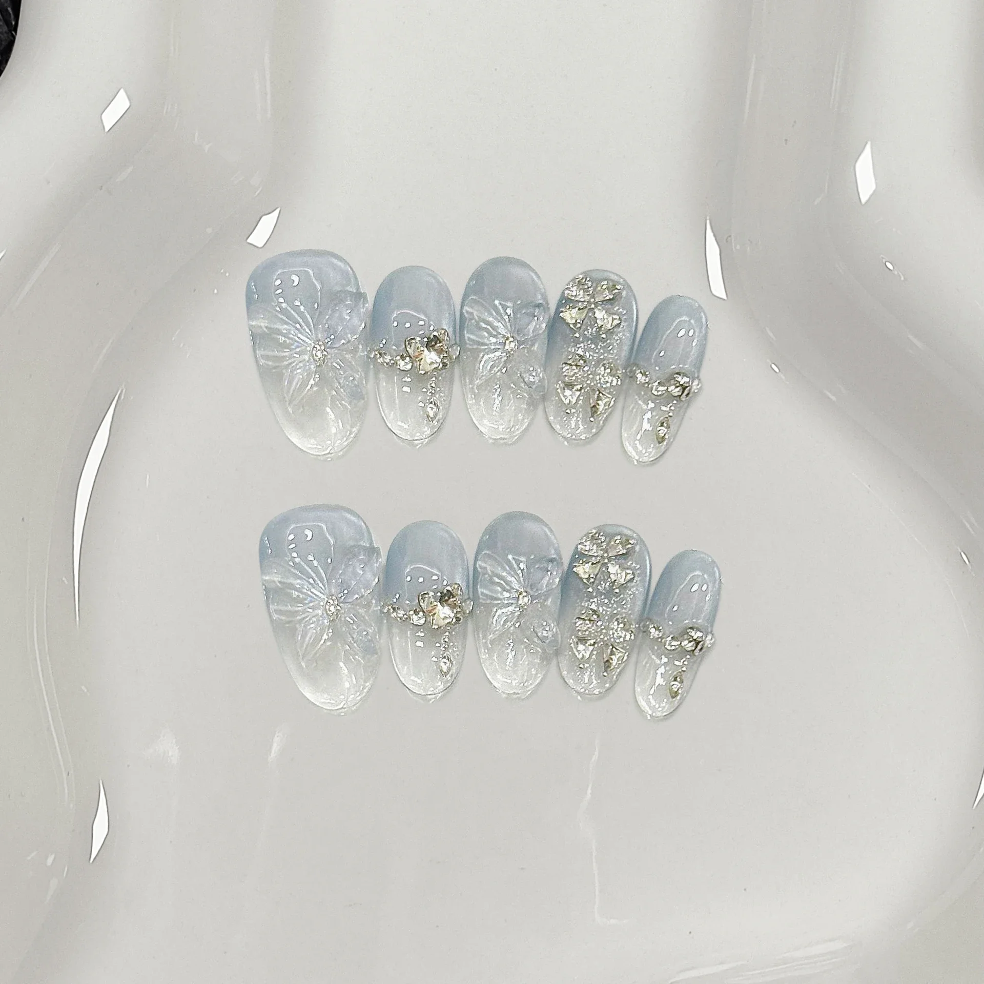 10 szt. Szklane Koraliki Kocie Oko Paznokcie Niebieska Kokarda Srebrne Gwiazdki Wzory Wzorów Naklejane Paznokcie Brokatowe Odpinane Francuskie Paznokcie do Manicure