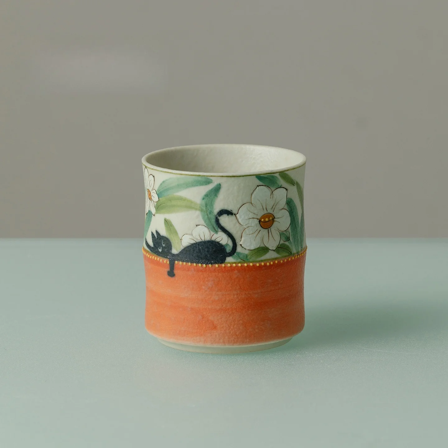 Hand Painted Chinese Bamboo Joint Ceramic Cup Orange Floral Civet Cat Personal Tea Cup Home Tea Desktop Decor Gift