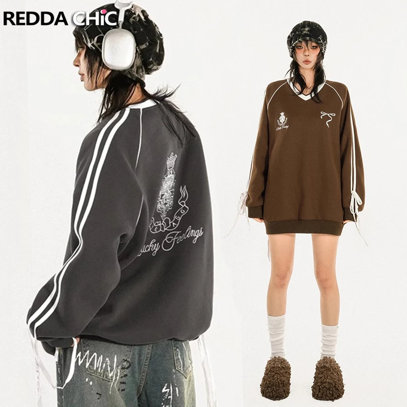 

REDDACHiC Crown Badge Embroidery Sweatshirt Women Retro Warm Fleece Lined Stripes Ribbon V-neck Hoodie Top Sporty Winter Clothes