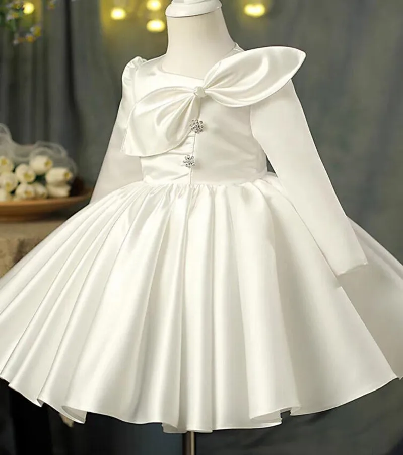 White Satin Flower Girl Dress with Long Sleeve Baby Girl Christening Dress A Line Toddler Birthday Dress Prom Party Gown