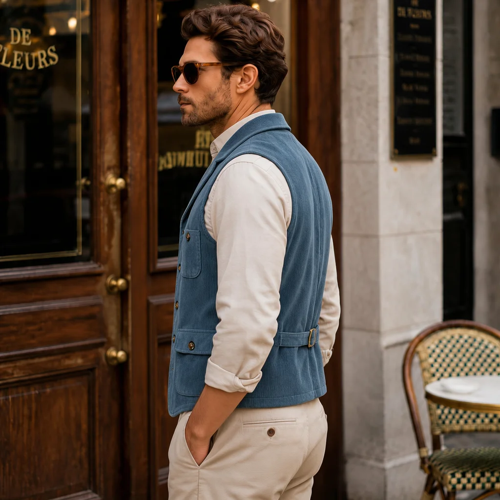 Herren Vintage Cord-Anzugweste mit Revers, Verstellbarem Rückengurt, Ärmellos, Business-Casual-Gilet mit Mehreren Taschen – Detail 15