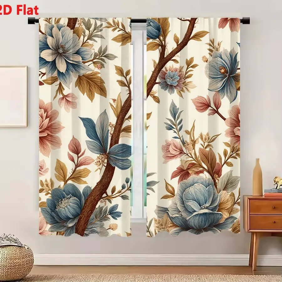 2Pcs Curtains 2D Flat Light Off-White Background Seamless Floral Pattern With Blue Pink Brownish-Gold Flowers Leaves Branches Te