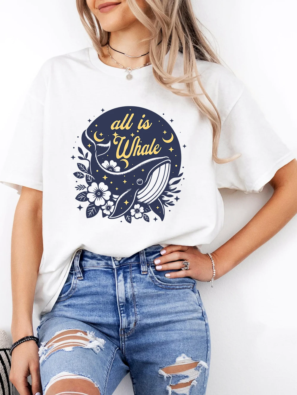 

All Is Whale Art Design Футболки с принтом Женская летняя хлопковая футболка Свободные мягкие удобные топы с круглым вырезом Повседневная женская одежда