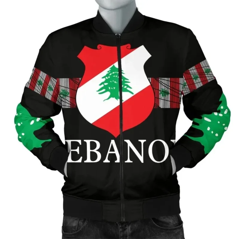 Men's Vintage Lebanon Flag Pattern Printed Zip Up Jacket Coat Long Sleeve Oversized Loose Hoodies For Men Jaqueta Masculina