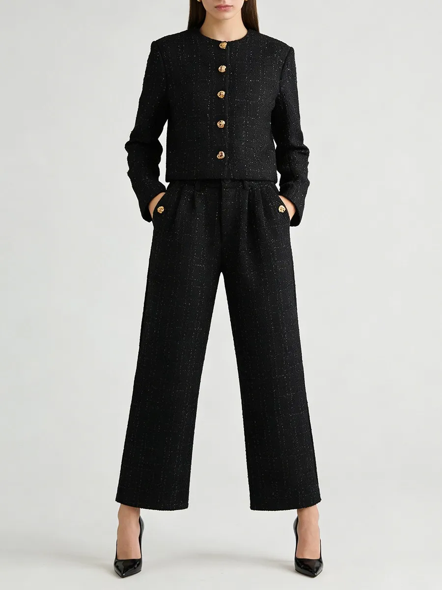 TWOTWINSTYLE Spliced Bright Silk Two Piece Set for Women O Neck Long Sleeves Patchwork Buttons Top High Waist Pant Sets Female