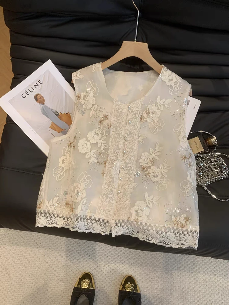 

Elegant Chinese Style Women's Embroidered Ogees Vest Sleeveless Top Layering Fashion Spring Autumn High End Cotton Blend