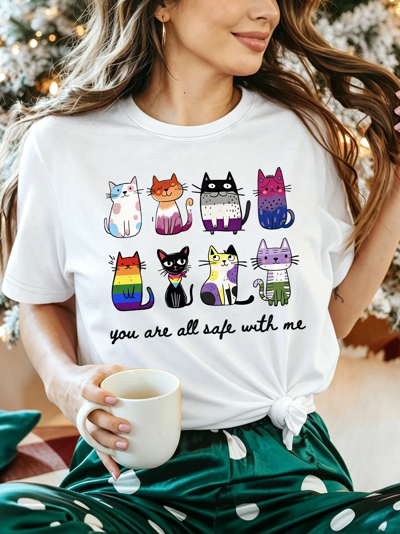 Colorful Pride Cat Womens T Shirt Cute Multicolor Kitten Collection Slogan Graphic Short Sleeve O Neck Casual Daily Party Tops