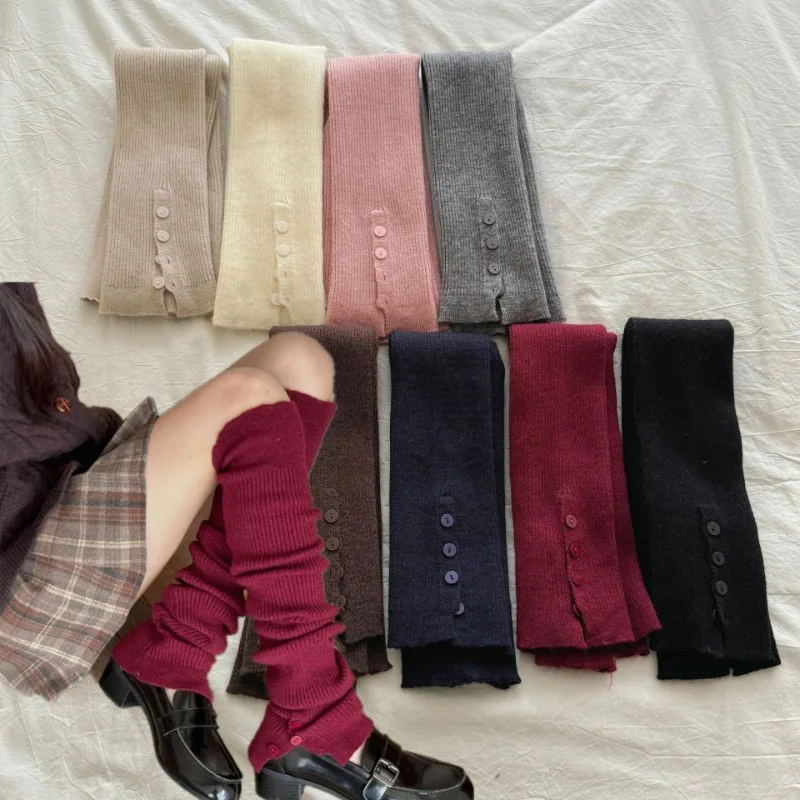 Herfst Winter Pure Kleur Losse Sokken Lolita Meid Cosplay Cartoon Retro Knop Lui Gebreid Beenwarmer Mouw Pittig Meisje Kous