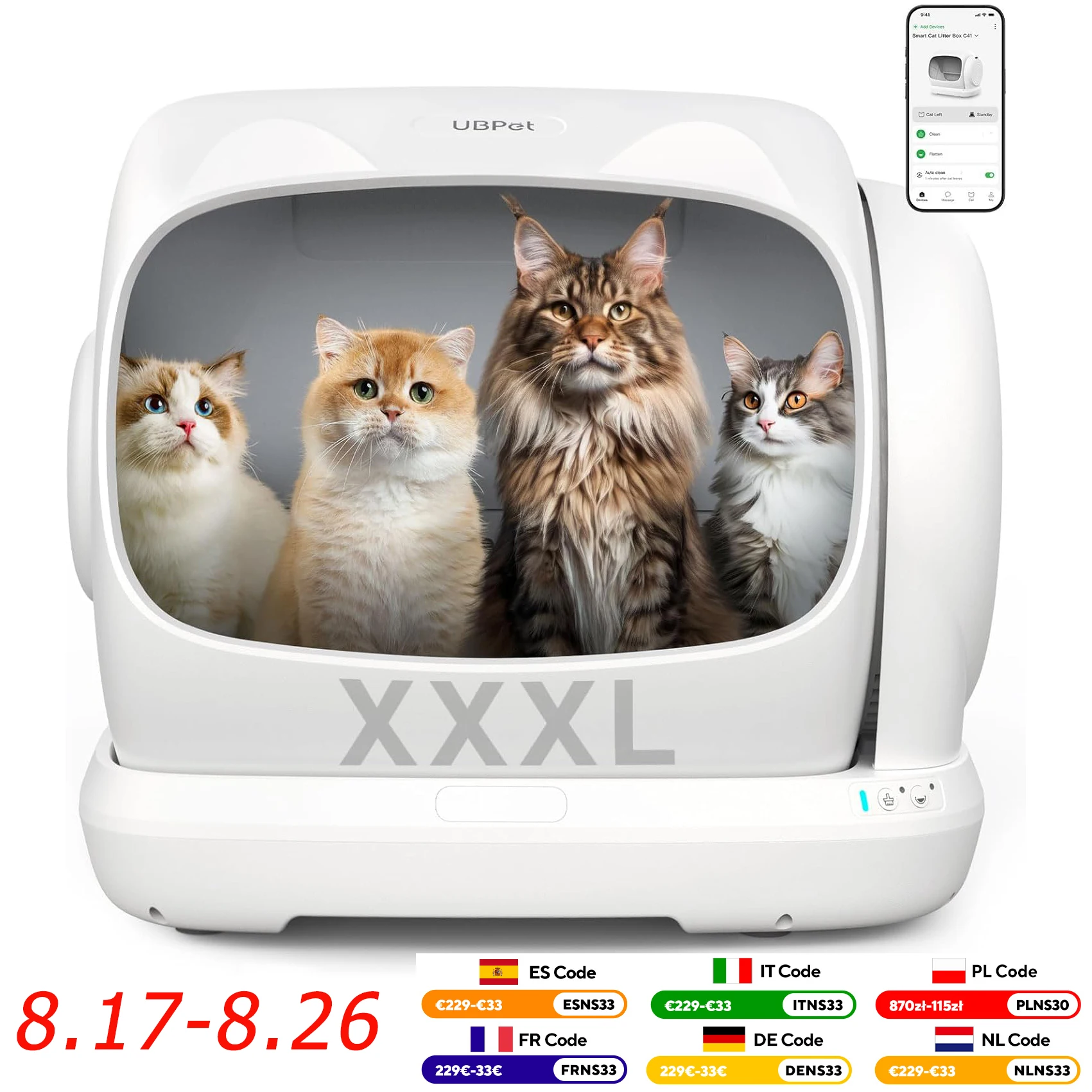Selbstreinigende Katzentoilette Katzenklo Selbstreinigend, XXXL Extra Große Elektrisches Automatisches Katzenklo für Mehrere Katzen, Intelligente Katzentoilette mit Klemschutz, App-Steuerung