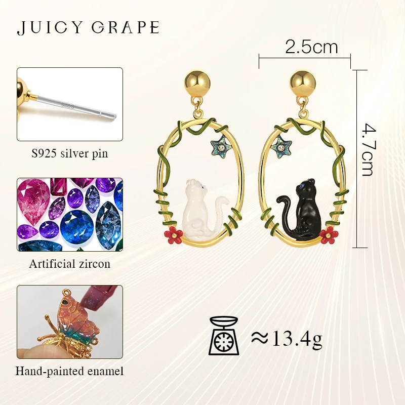 Juicy Grape Black Cat Charm Earrings For Women Hand Painted Enamel 925 Sterling Silver Needle 18K Gold Plated Party and Birthday