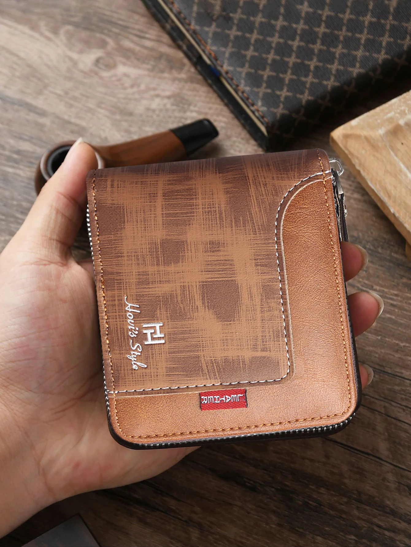 محفظة HOVI'S للرجال من جلد البولي يوريثان، محفظة رفيعة وخفيفة الوزن بسحاب للعملات المعدنية مع فتحات متعددة للبطاقات ونافذة معرف الصور