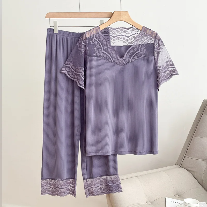 

Women's Summer Lace Pajamas Sets V-Neck Short-Sleeved Splicing Solid Color Top And Pants Two Piece Set Thin Home Clothing Female