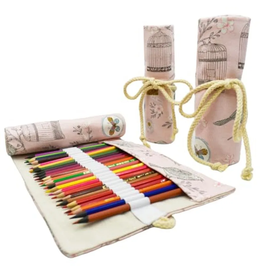 

Butterfly Colored Canvas Pencil Wrap Case Floral Roll Up Holders Birds Pencil Organizers for Artist Coloring Travel Storage Wit