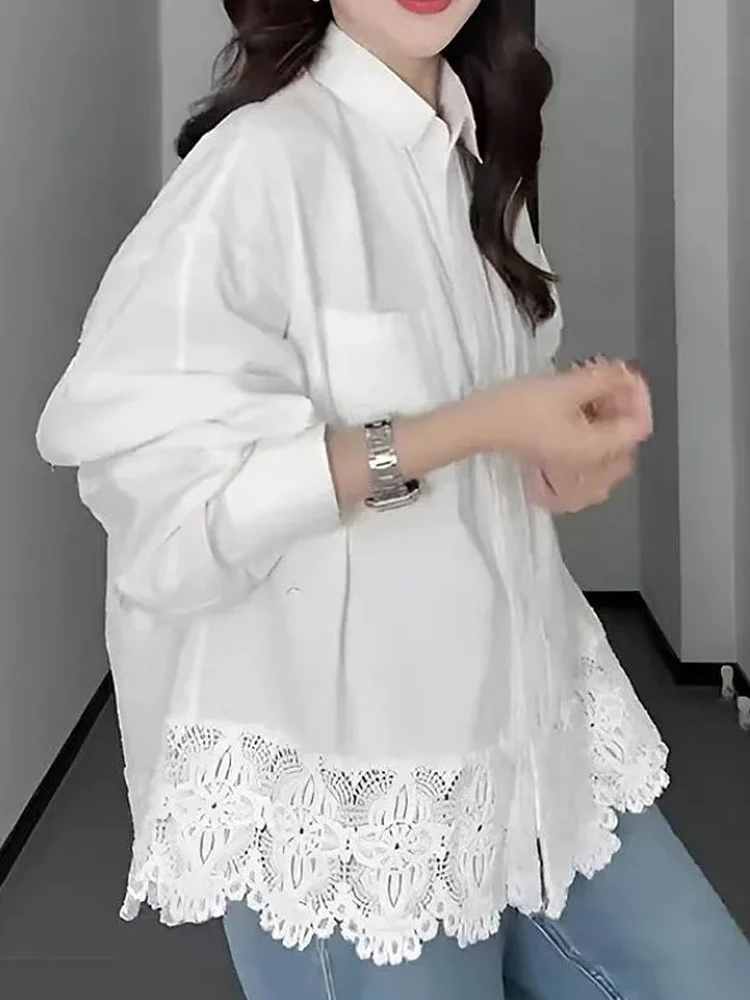 2025 Autumn Casual Women's Oversize Shirts Korea Style Button Up White Shirt Lace Patchwork Long Sleeve Female Cardigan Blouse
