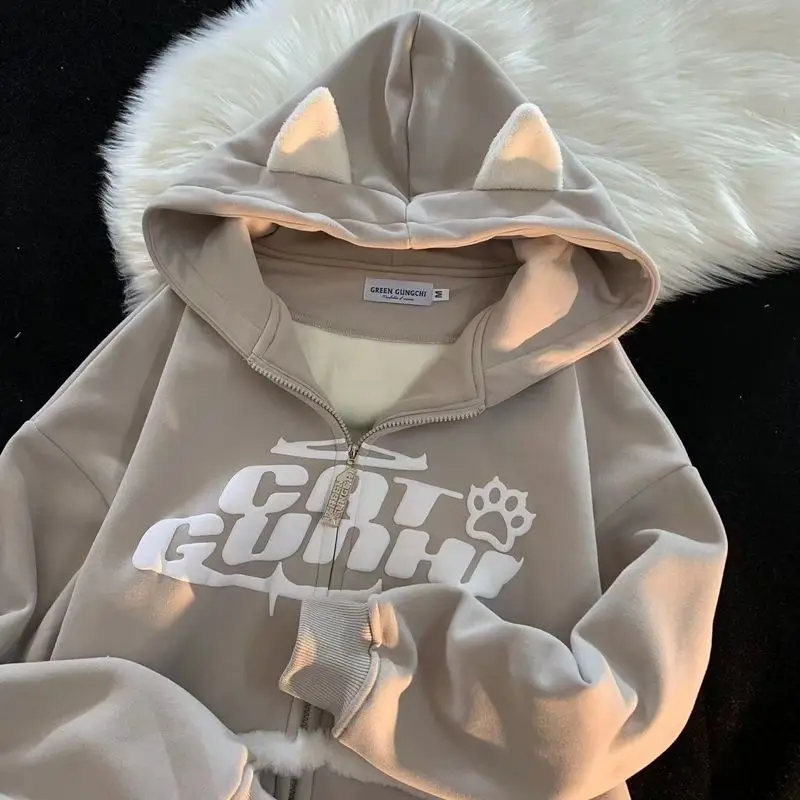 high Quality Demon Hoodies Women Sweater Cat Ear Fashion Design Plush Korean Loose Sweatshirt y2k Gothic Kawaii Zip Up Hoodie