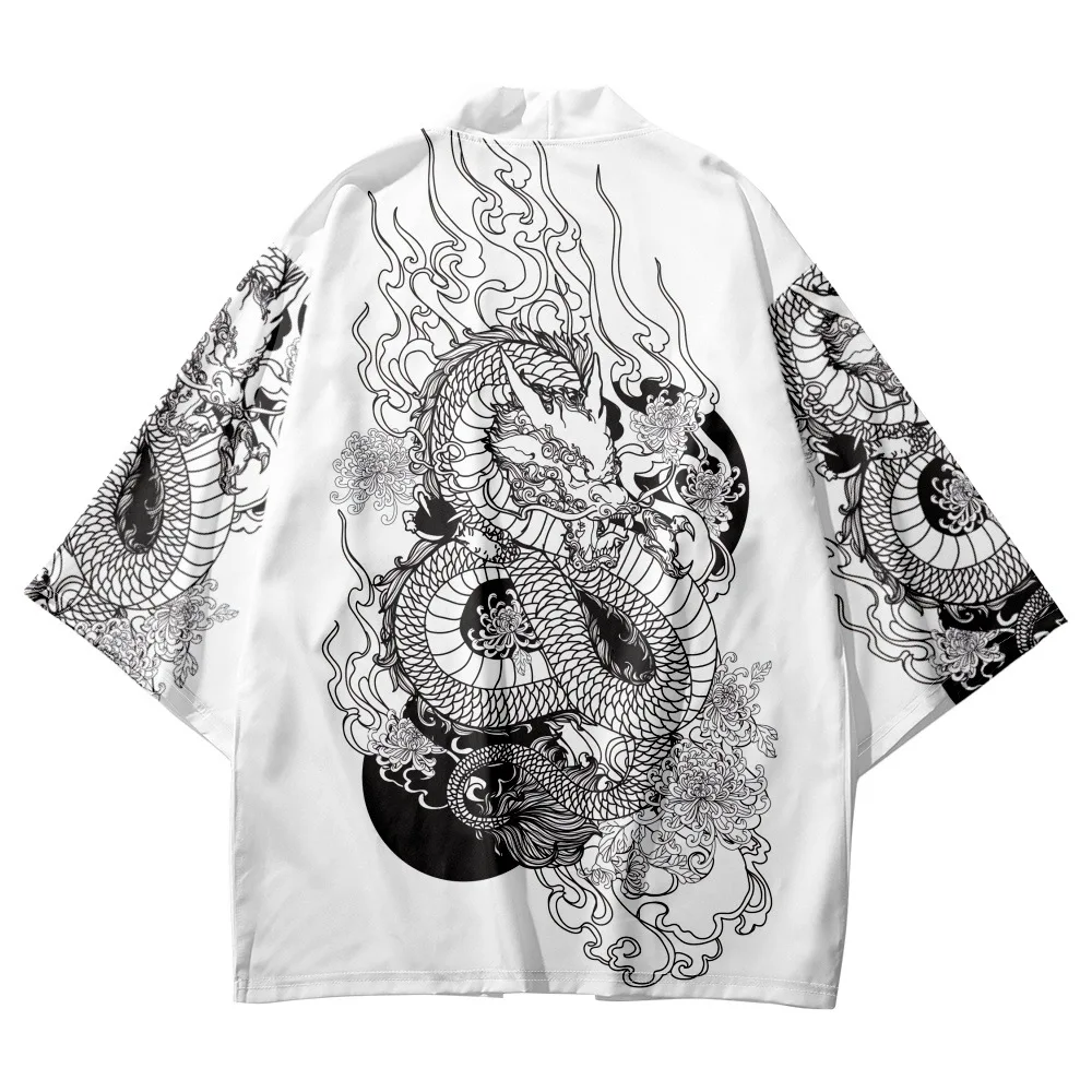 

Traditional Chinese Dragon Print White Kimono Men Japanese Beach Yukata 2022 Women Cardigan Cosplay Samurai Haori Asia Clothing