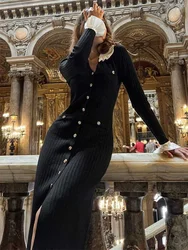 DSMTRC 2025 Autumn Knitted Long Sleeve Maxi Dress For Woman High Waist Cardigan Ruffled Robes Elegant V-neck Button Slim Dresses