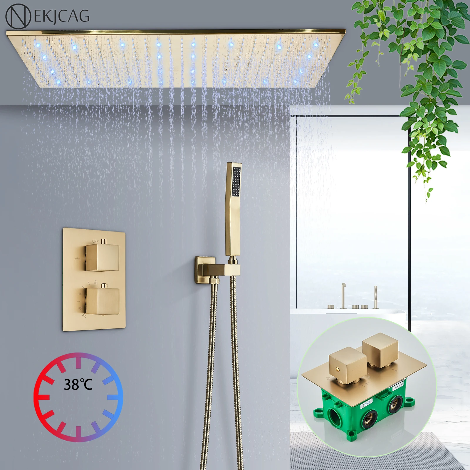 Brushed Gold LED  Thermostatic Shower Faucet Set 40*80cm Ceiling Rainfall Shower Head Concealed Install Bathroom Mixer Taps