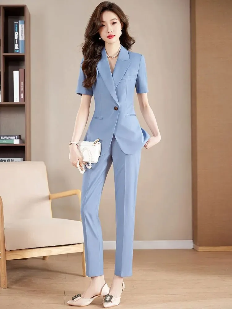 Women Formal Suits 2 Pieces Sets Elegant Slim Short Sleeve Cardigan Tops Conjuntos Summer Ol High Waist Pencil Pants Ensembles