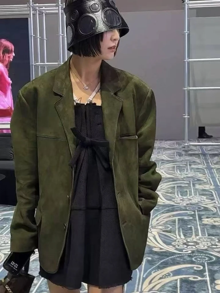 Retro leather clothing  Kid Suede Jacket for Women High Sense Loose OversizedSuit Blazer Female Casual Coat Streetwear