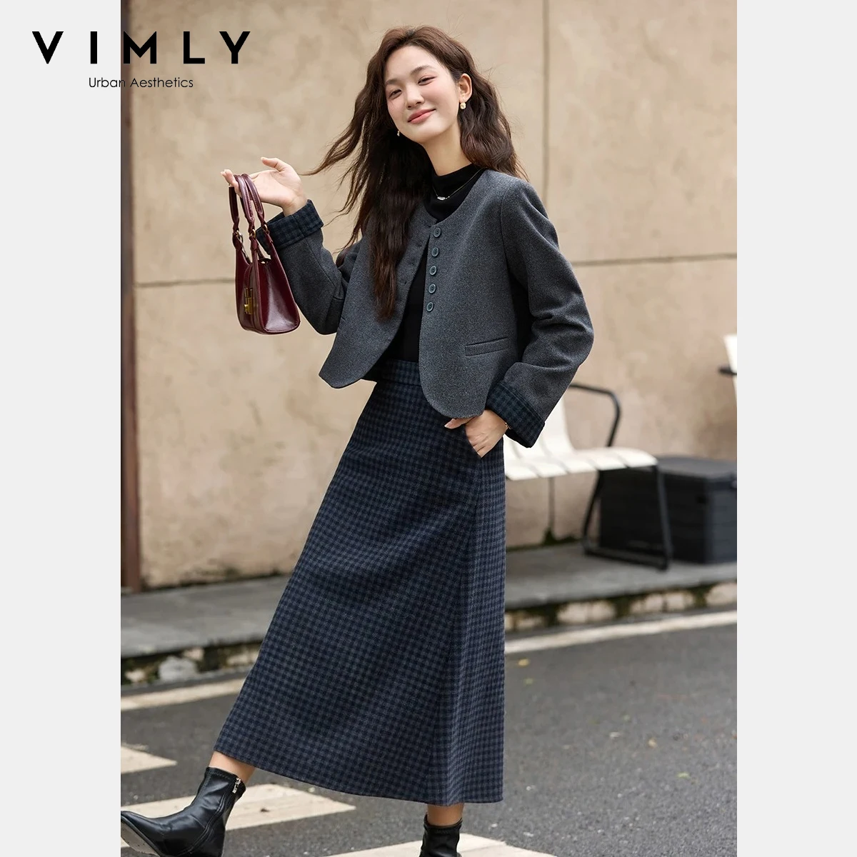 

VIMLY Women's Skirt Suit Set Elegant Grey Round Neck Long Sleeve Jackets Plaid Midi Skirts Vintage 2025 Winter Woman Set A2805