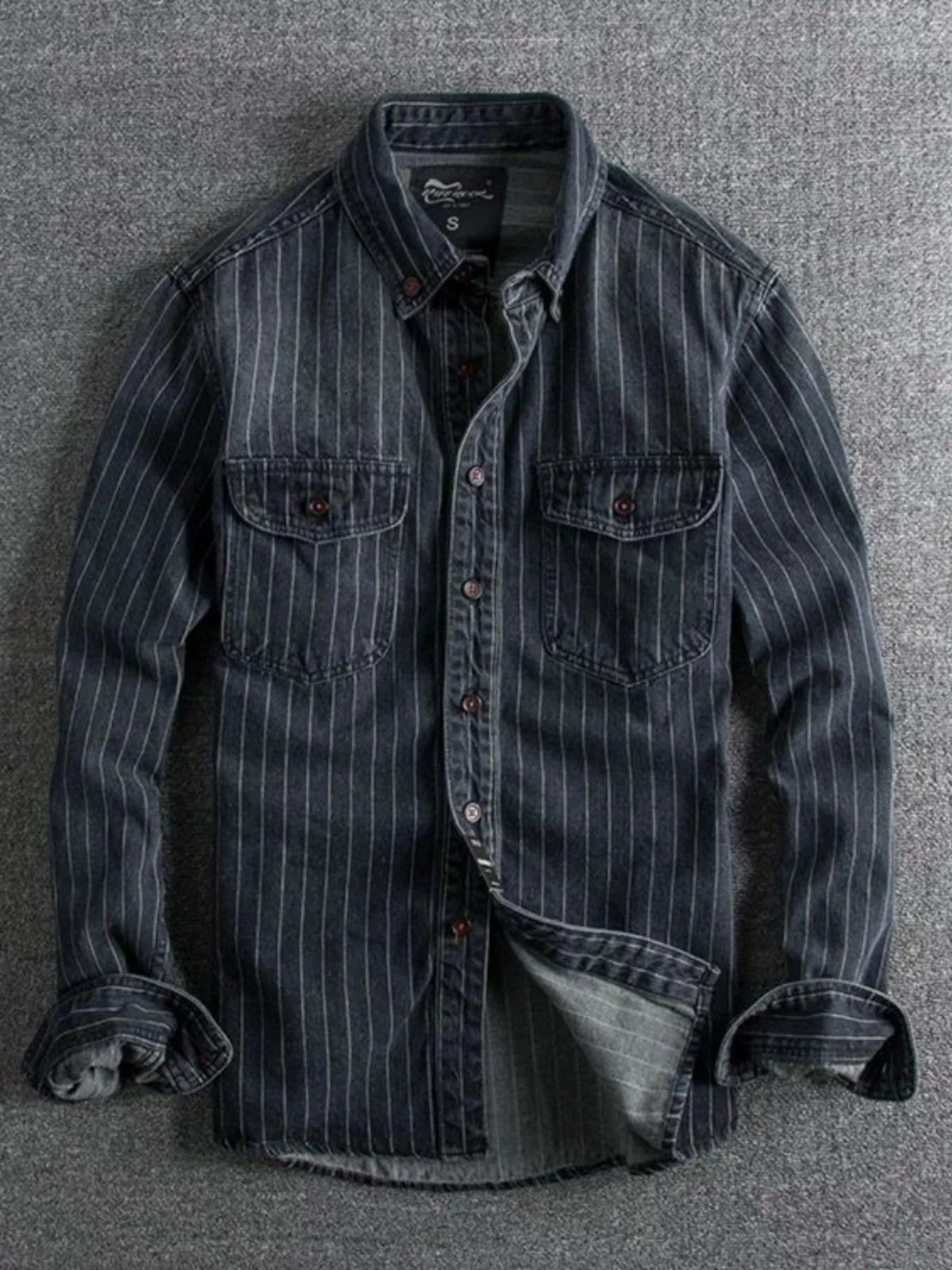 Retro Denim Shirt Men's Slim Fit Long Sleeve Striped Jacket Casual Style Vintage Washed Autumn Spring Fashion BrandYY42