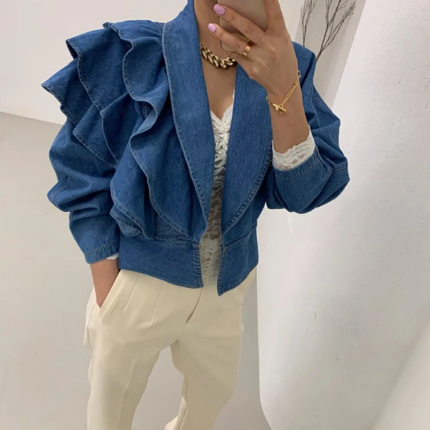 Tannt Women Shirt Long Sleeves Irregular Ruffles Denim Blouse Tops Asymmetry Blue Casual Vintage Summer Shirt Women 2023 New