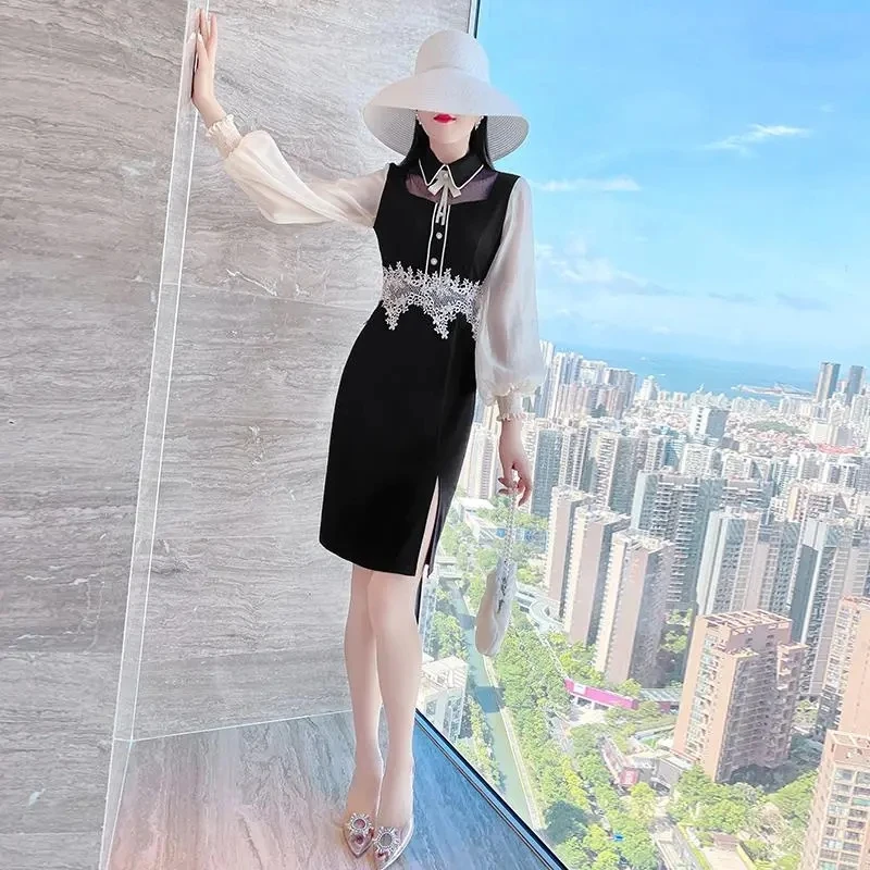 

Spring wear 2023 new dress Women's dress Temperament dress Slim waist middle length black Hepburn dress