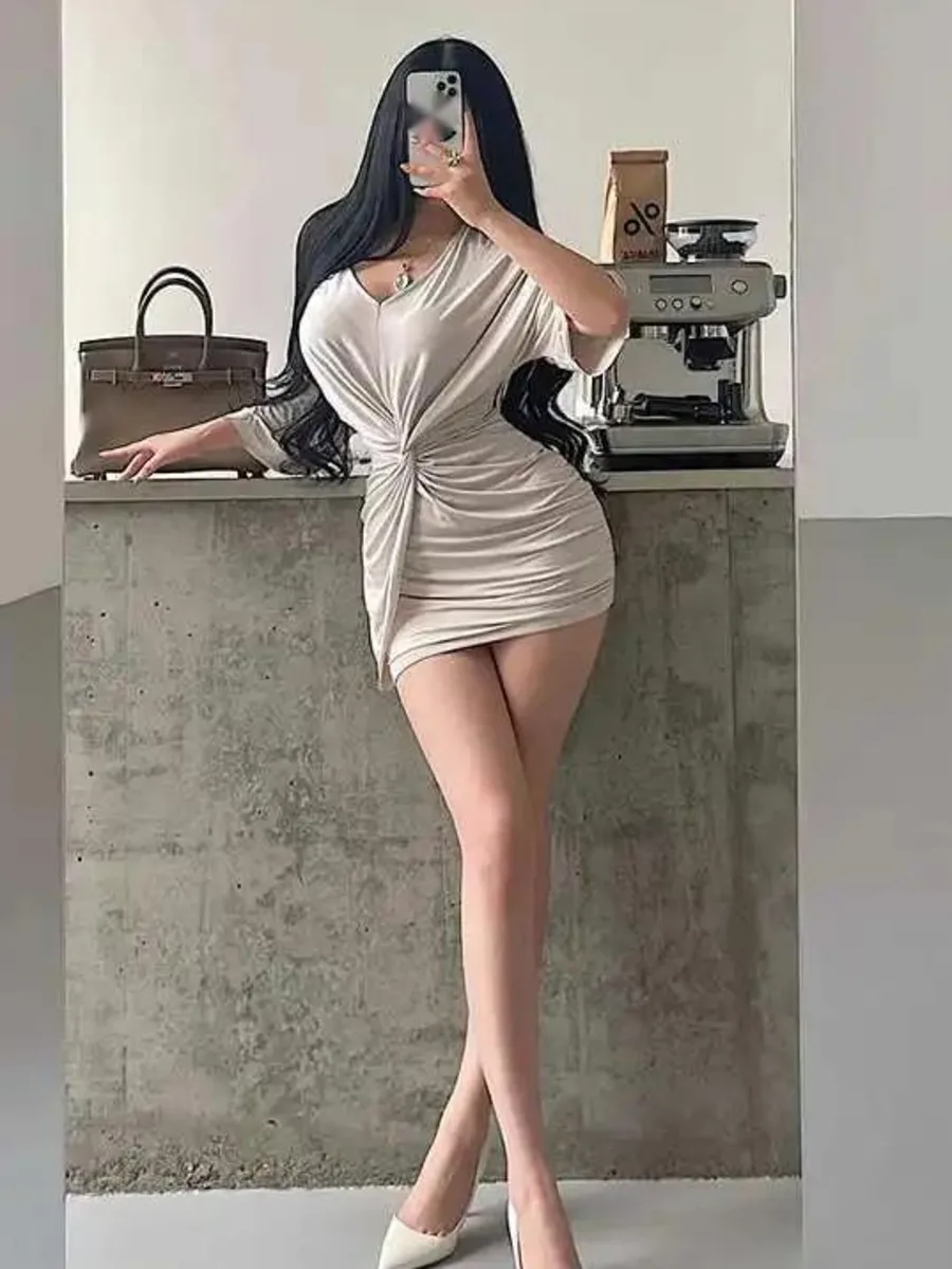 퓨어 디자이어 섹시 브이넥 트위스트 주름 허리 팩 힙 드레스 우아한 짧은 치마 브이넥 티셔츠 드레스 ZP61