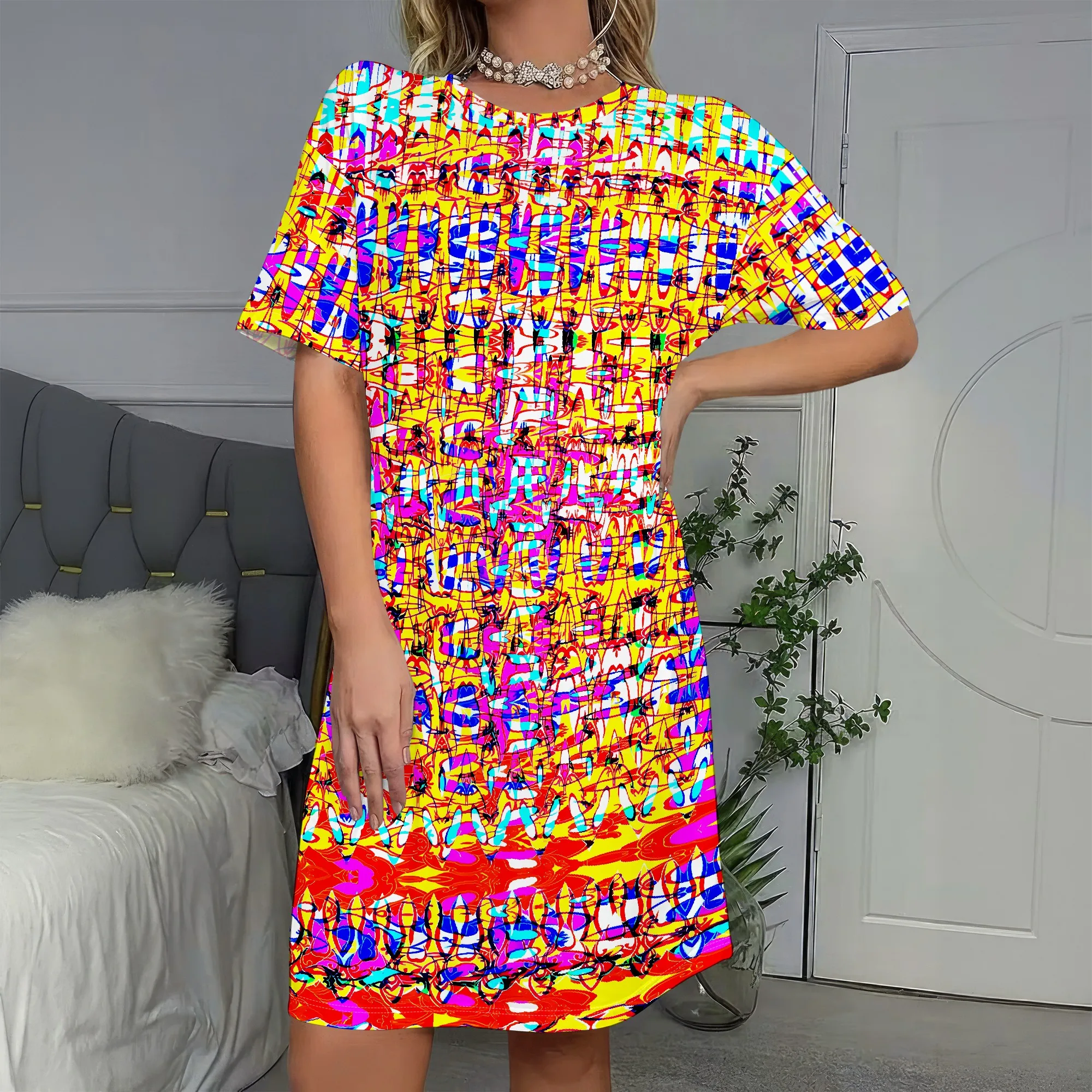 

Vibrant Abstract Print Dress, Short Sleeve Loose Fit, Colorful Geometric Pattern, Casual Summer Wear for Women, S-2XL