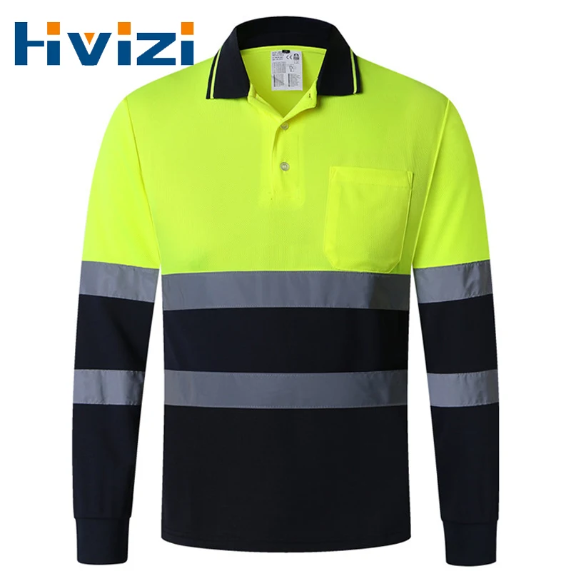 

Hi Vis Shirt ANSI Class 3 Reflective Safety Fluorescent Yellow Long Sleeve High Visibility Polo Workwear