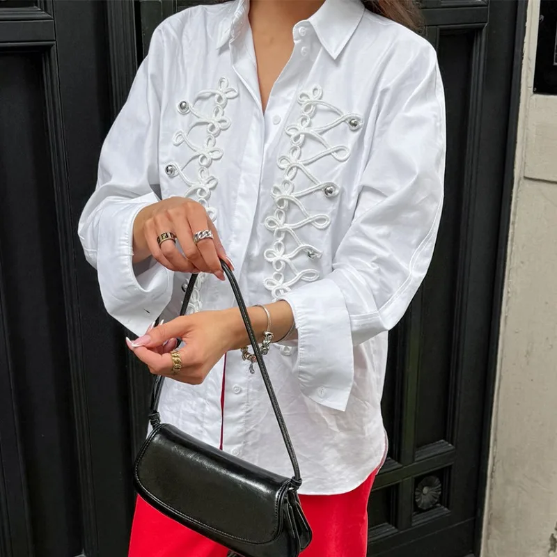 Womens Cotton Embroidery Knot Button Shirt Long Sleeve Collared Blouse Spring Autumn New Elegant Vintage Trendy Chic Daily Top