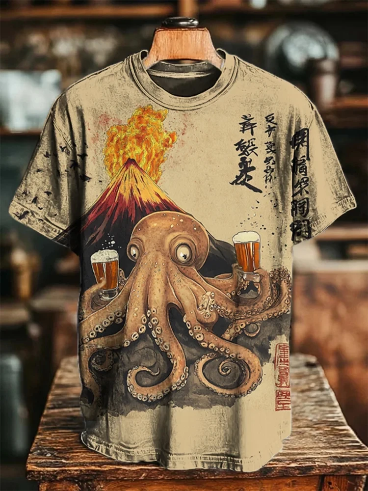 Best-Selling Men's Funny Octopus-Print Short-Sleeve T-Shirt Breathable Round-Neck Casual and Stylish Short-Sleeve Top