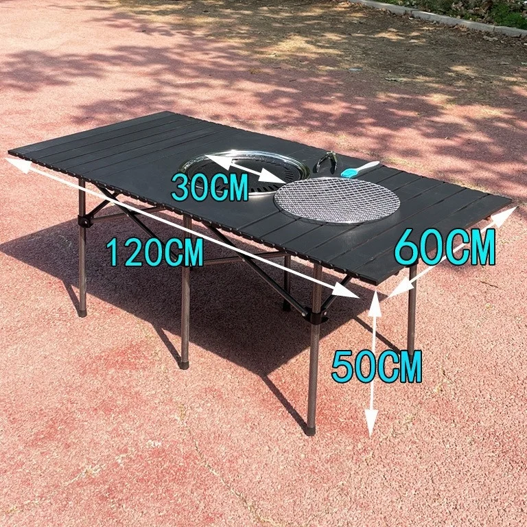 Outdoor Camping Dining Table Foldable Large Tabletop Barbecue Table With Grill Pan Grill Net Kitchen Portable